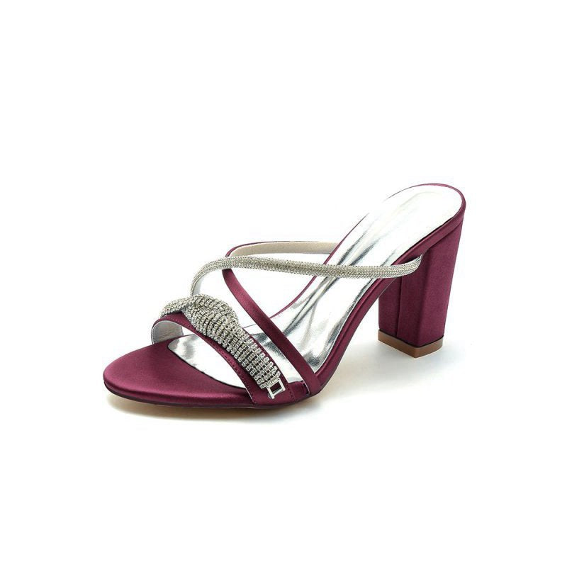 Open Toe Block Heels with Rhinestone