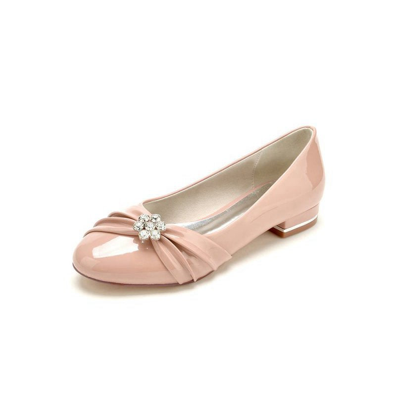 Pointed Toe Slip-on Patent Leather Low Heels With Rhinestone