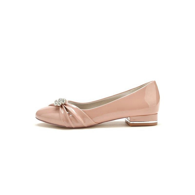 Pointed Toe Slip-on Patent Leather Low Heels With Rhinestone