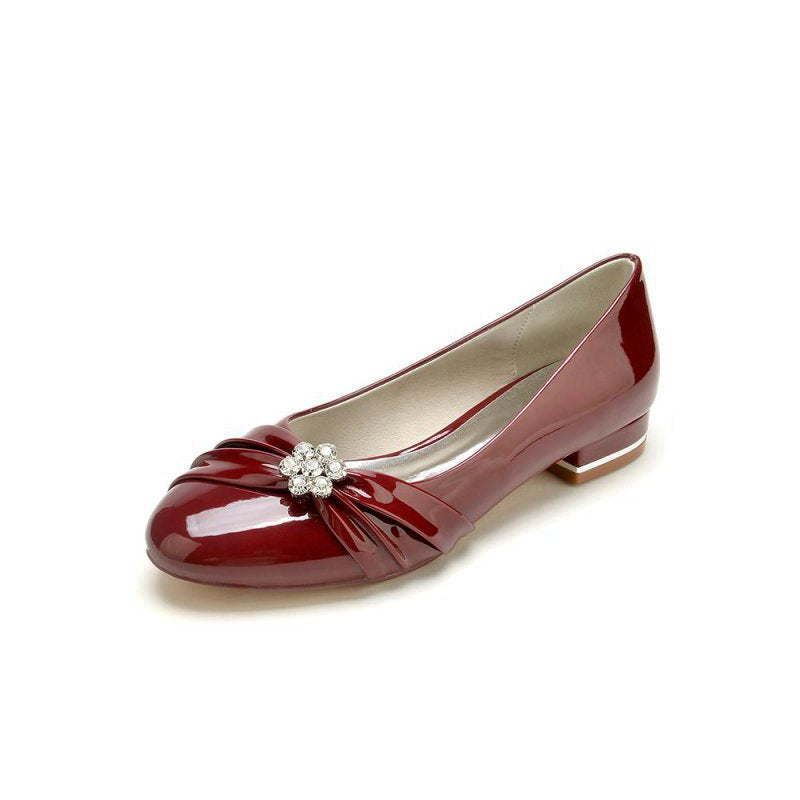 Pointed Toe Slip-on Patent Leather Low Heels With Rhinestone