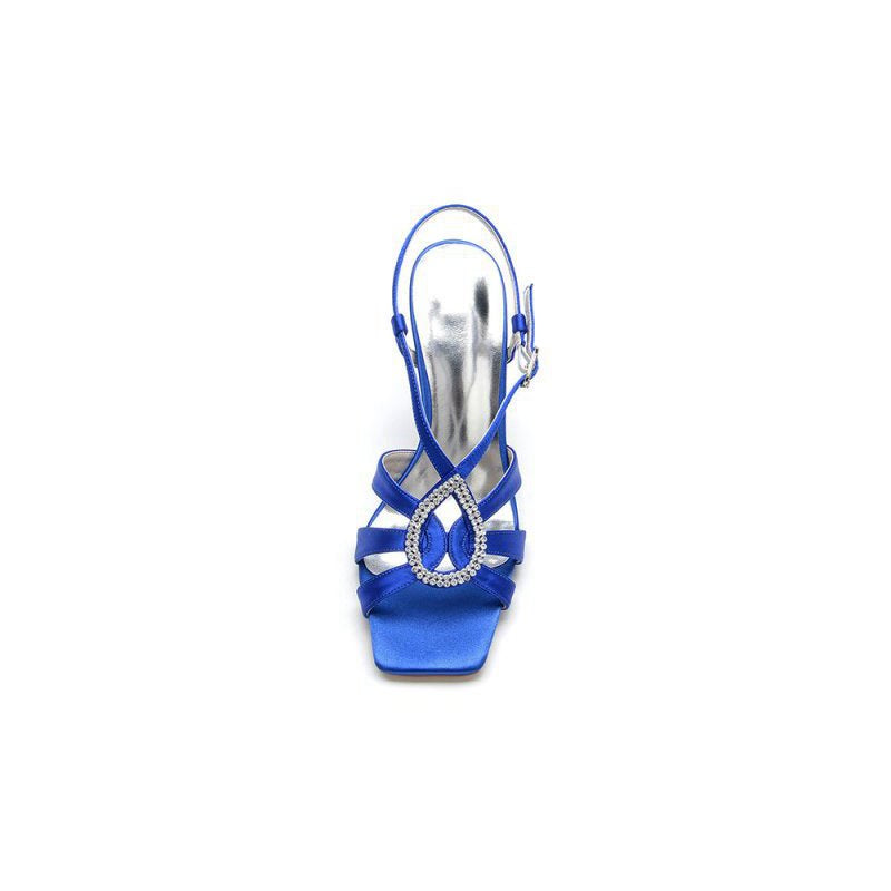 Square Open Toe Beaded Hollow Out Satin Prom Shoes