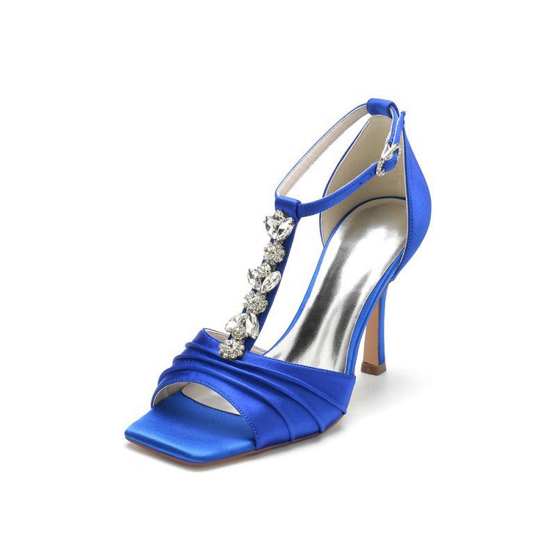 Square Open Toe Ankle Strap Satin Stiletto Heels With Rhinestone Strappy