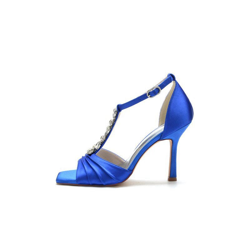 Square Open Toe Ankle Strap Satin Stiletto Heels With Rhinestone Strappy