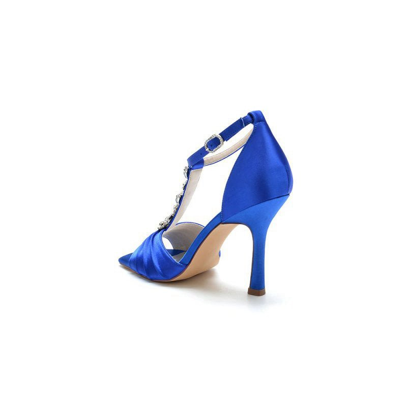 Square Open Toe Ankle Strap Satin Stiletto Heels With Rhinestone Strappy