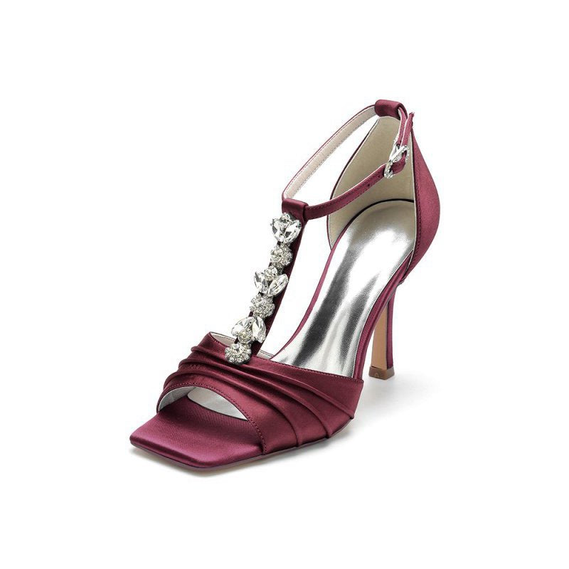 Square Open Toe Ankle Strap Satin Stiletto Heels With Rhinestone Strappy