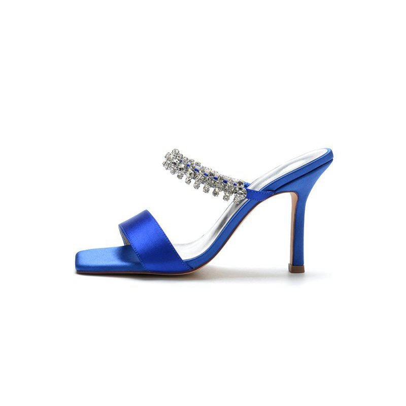 Square Open Toe Rhinestone Strappy Satin Stiletto Heels