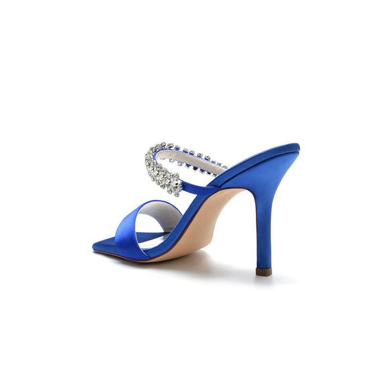 Square Open Toe Rhinestone Strappy Satin Stiletto Heels