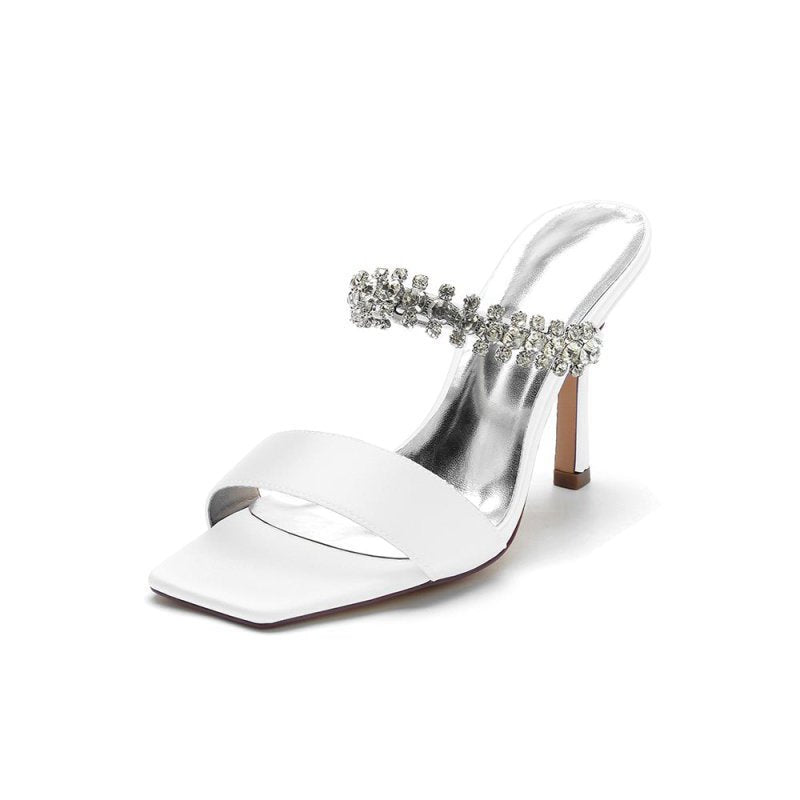 Square Open Toe Rhinestone Strappy Satin Stiletto Heels