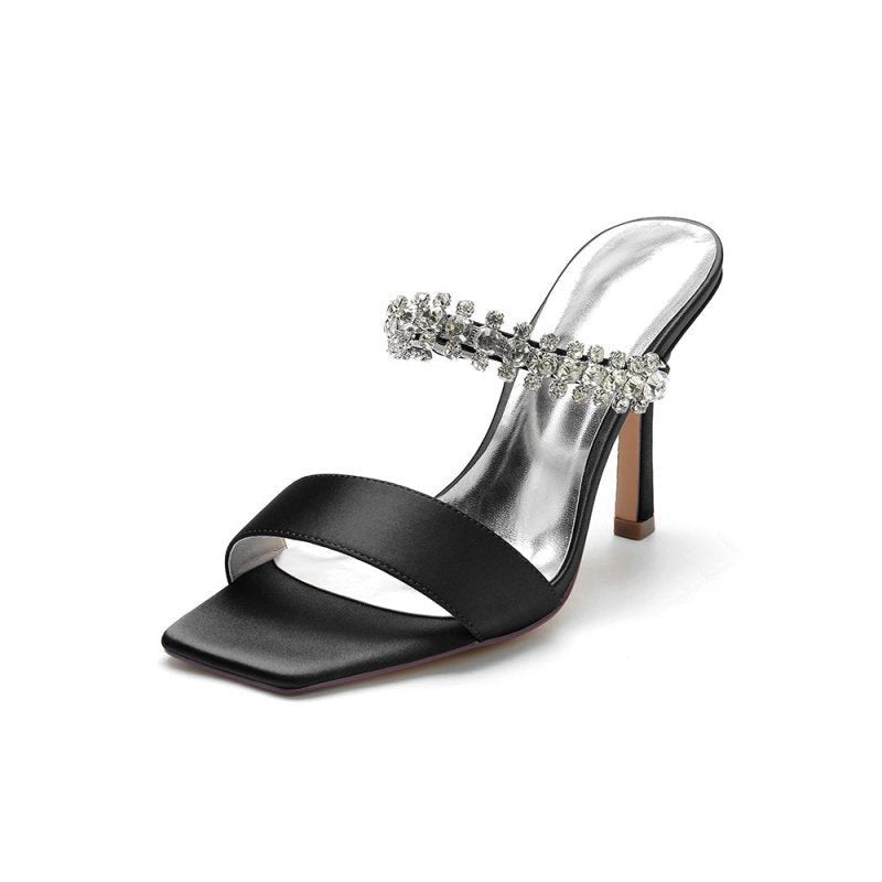 Square Open Toe Rhinestone Strappy Satin Stiletto Heels
