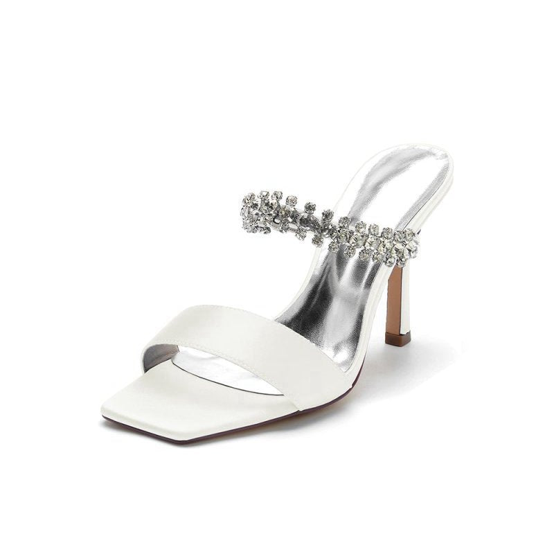 Square Open Toe Rhinestone Strappy Satin Stiletto Heels