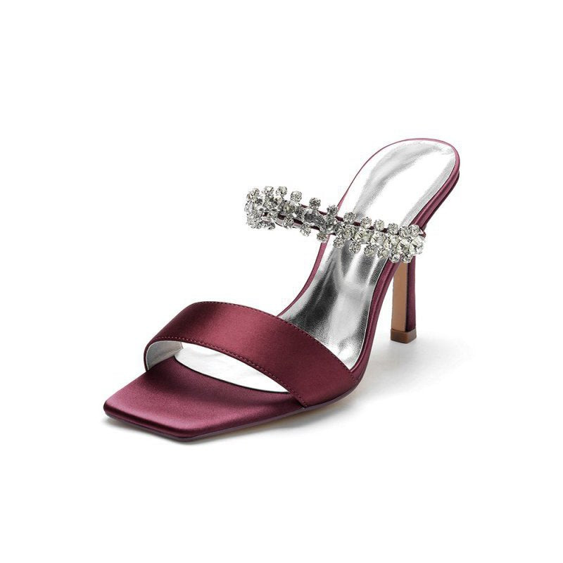 Square Open Toe Rhinestone Strappy Satin Stiletto Heels
