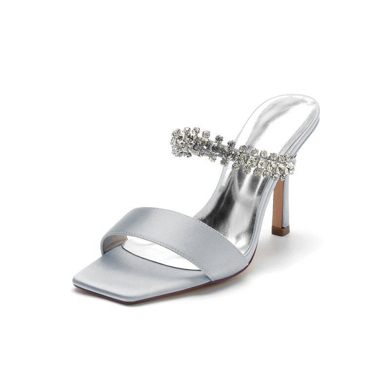 Square Open Toe Rhinestone Strappy Satin Stiletto Heels