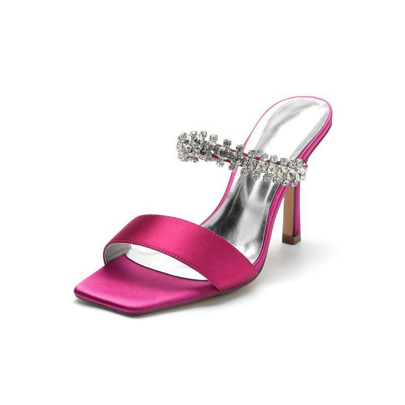 Square Open Toe Rhinestone Strappy Satin Stiletto Heels