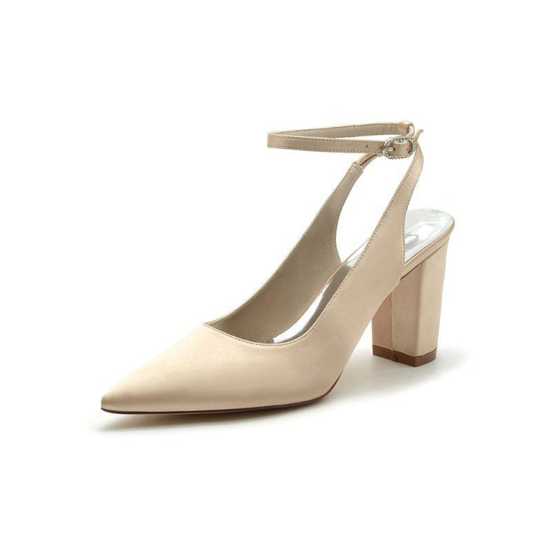 Satin Pointed Toe Ankle Strap Chunky Heels