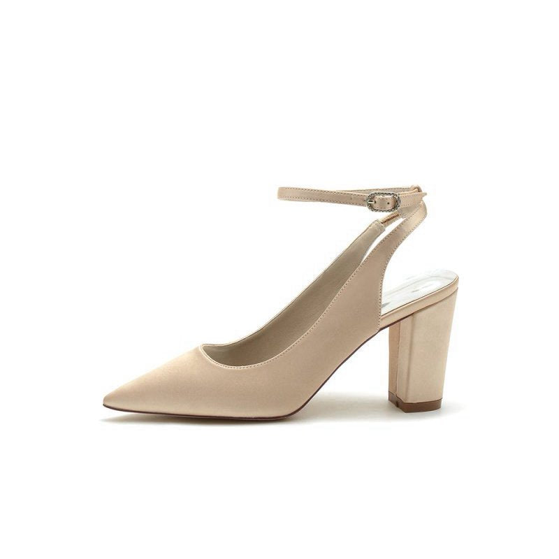Satin Pointed Toe Ankle Strap Chunky Heels