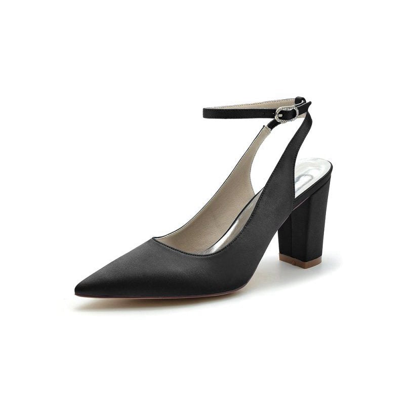 Satin Pointed Toe Ankle Strap Chunky Heels