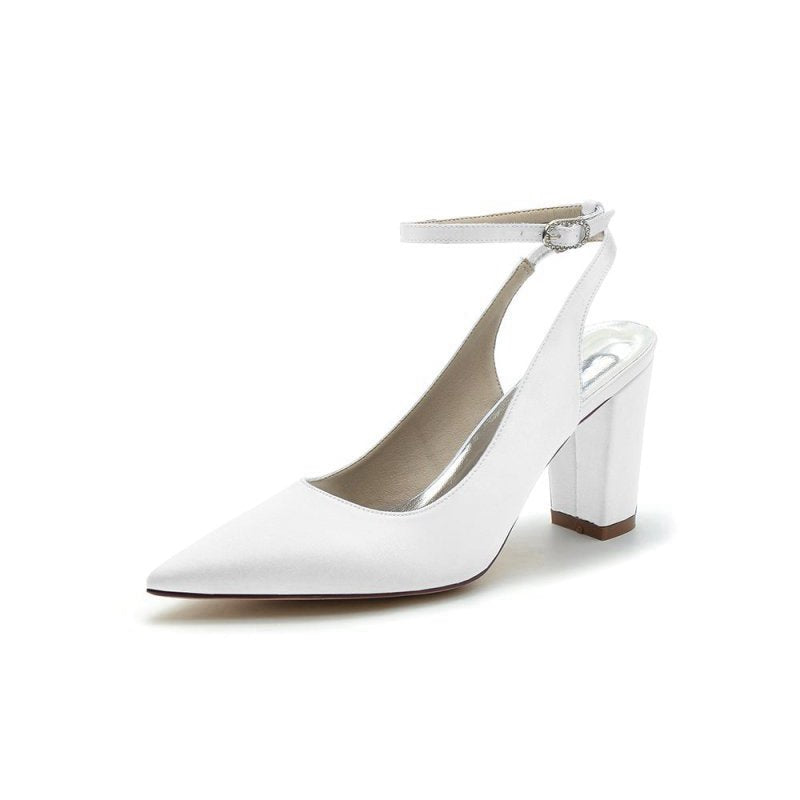 Satin Pointed Toe Ankle Strap Chunky Heels