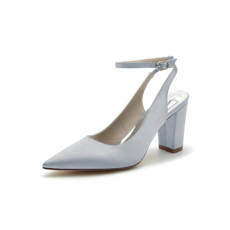 Satin Pointed Toe Ankle Strap Chunky Heels
