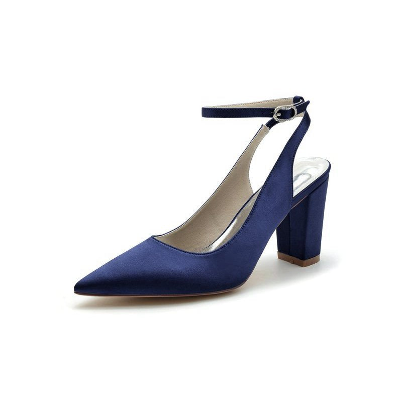 Satin Pointed Toe Ankle Strap Chunky Heels