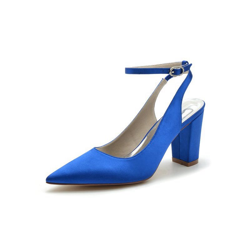 Satin Pointed Toe Ankle Strap Chunky Heels