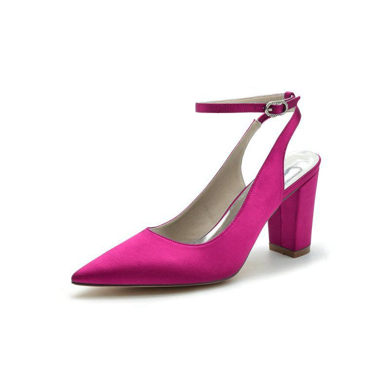 Satin Pointed Toe Ankle Strap Chunky Heels