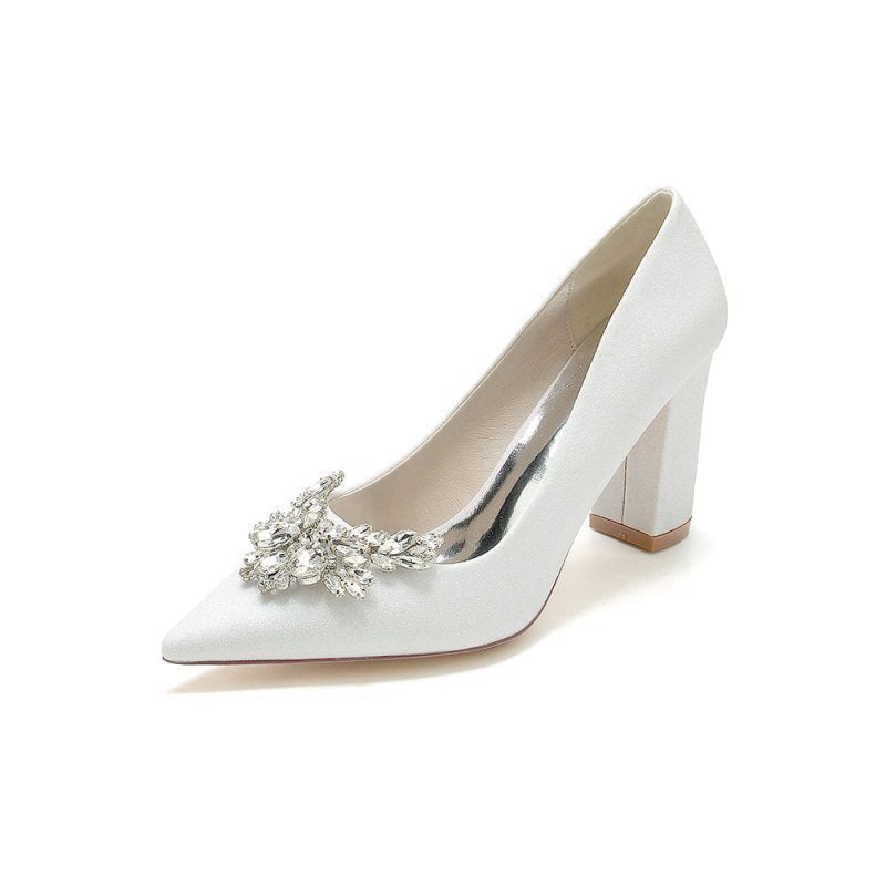 Sparkle Pointed Toe Glitter Chunky Heels With Rhinestone