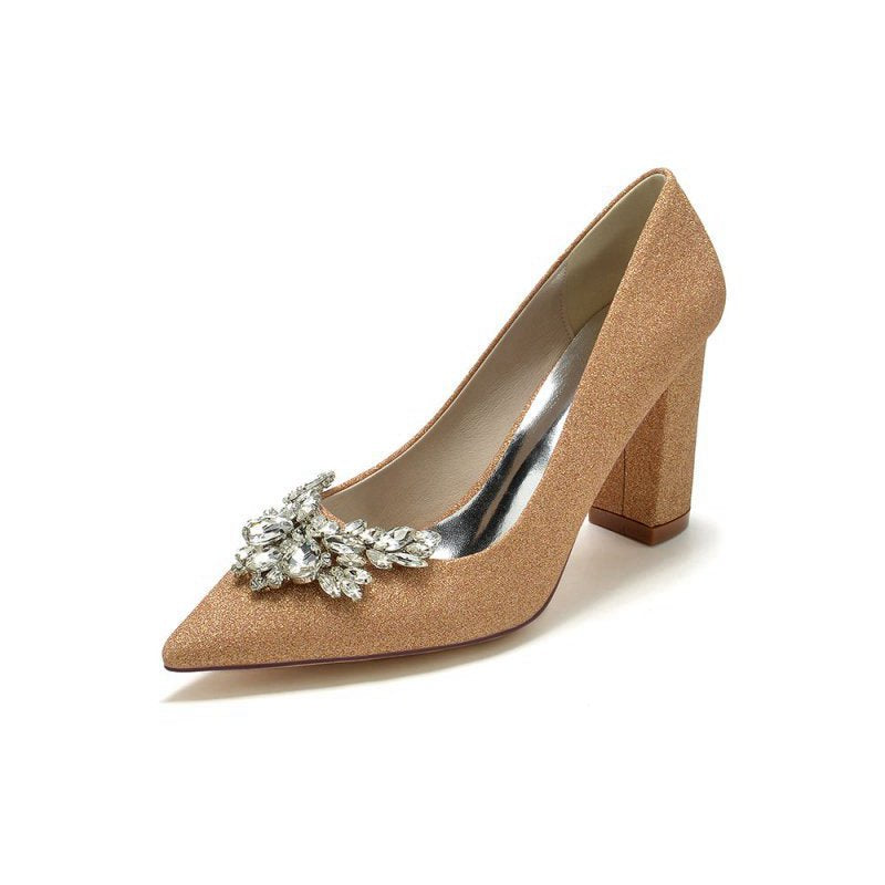 Sparkle Pointed Toe Glitter Chunky Heels With Rhinestone