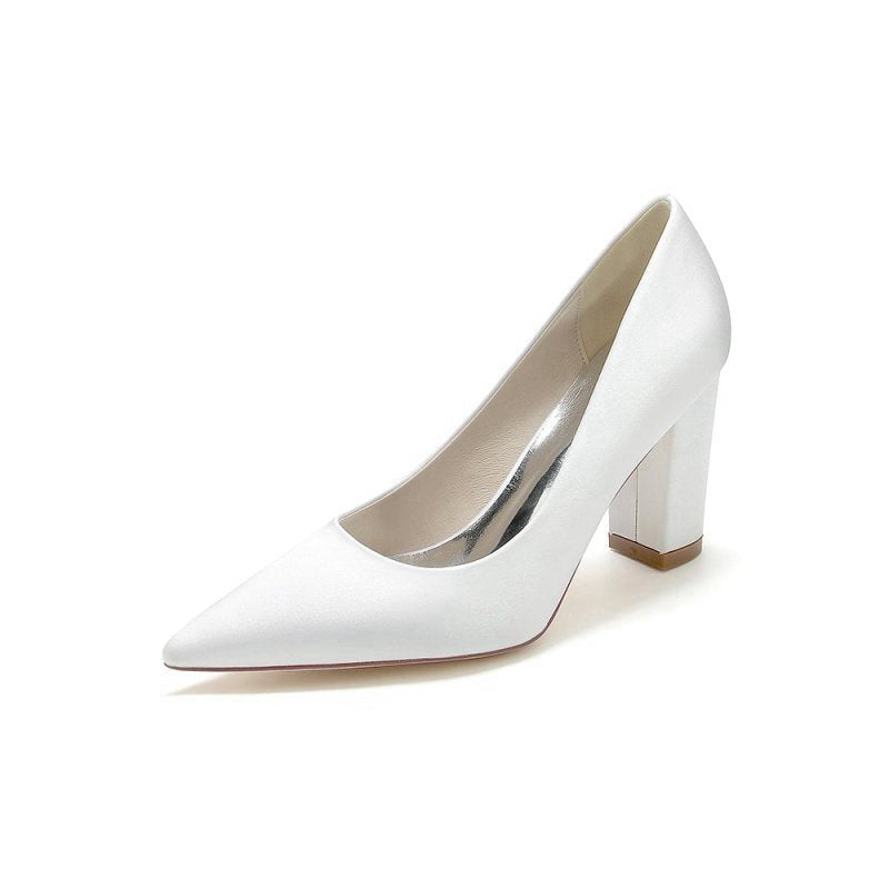 Pointed Toe Slip-on Satin Chunky Heels