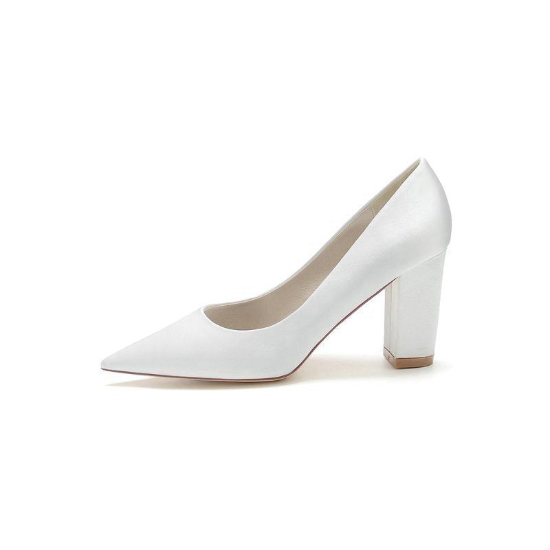 Pointed Toe Slip-on Satin Chunky Heels