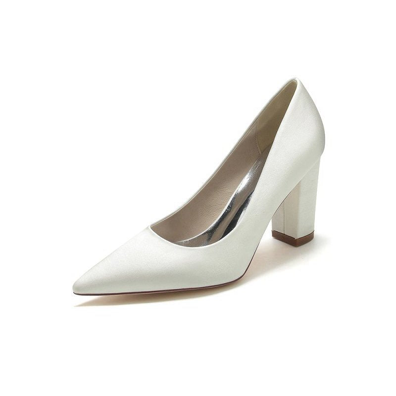 Pointed Toe Slip-on Satin Chunky Heels