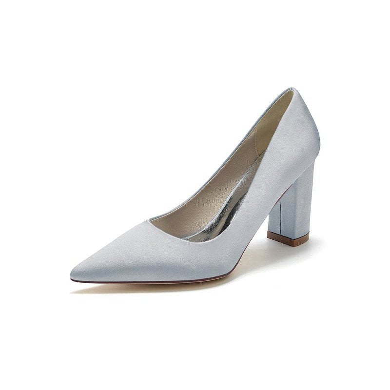 Pointed Toe Slip-on Satin Chunky Heels