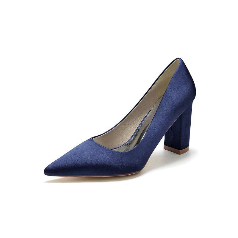 Pointed Toe Slip-on Satin Chunky Heels