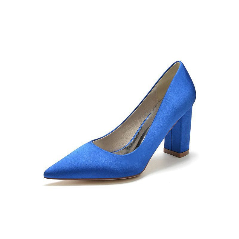 Pointed Toe Slip-on Satin Chunky Heels