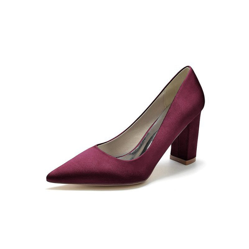Pointed Toe Slip-on Satin Chunky Heels