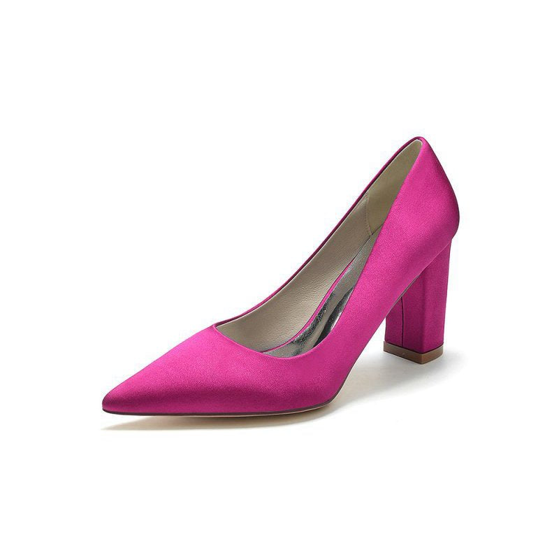 Pointed Toe Slip-on Satin Chunky Heels