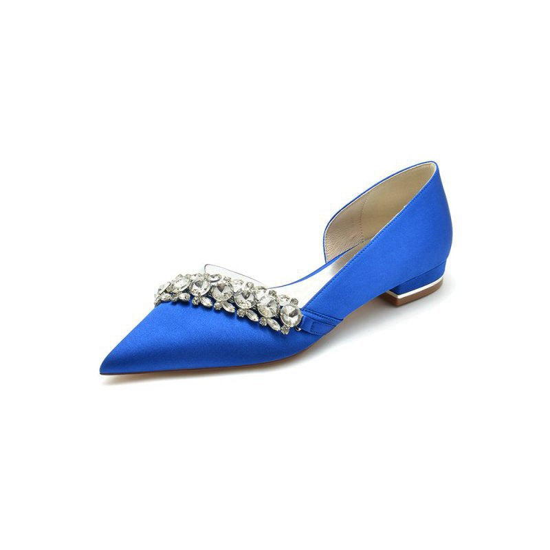 Pointed Toe Slip-on Satin Low Heels With Rhinestone