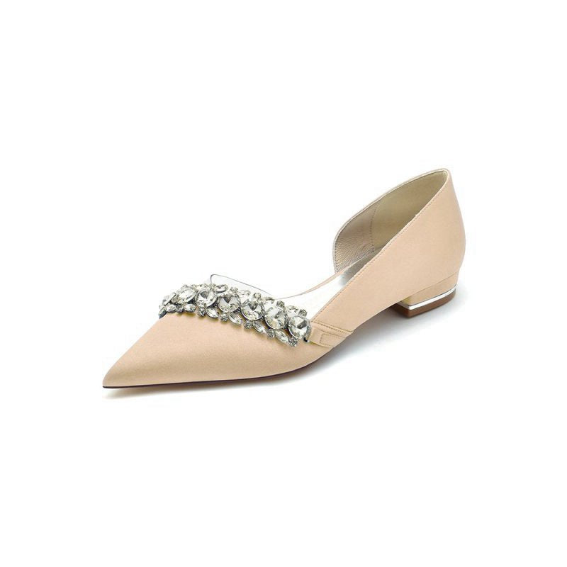 Pointed Toe Slip-on Satin Low Heels With Rhinestone