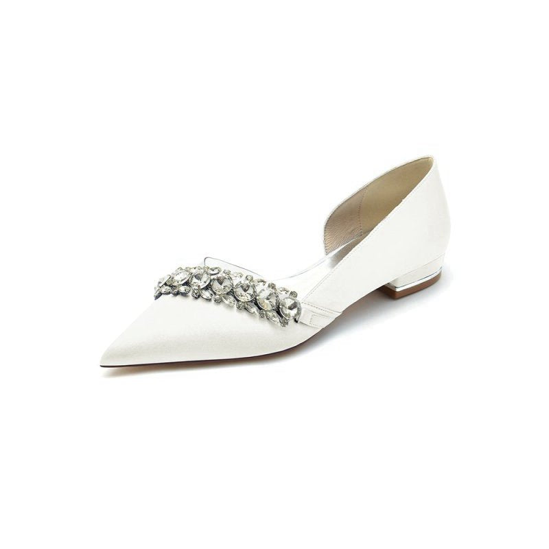 Pointed Toe Slip-on Satin Low Heels With Rhinestone