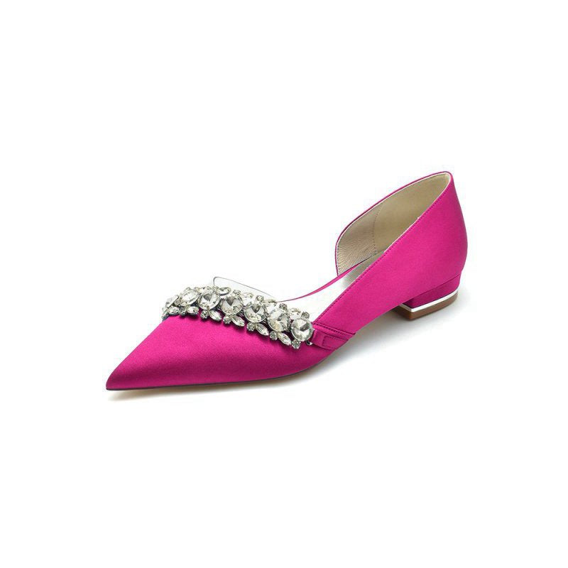 Pointed Toe Slip-on Satin Low Heels With Rhinestone