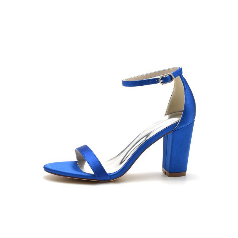 Satin Open Toe Ankle Strap Chunky Heels