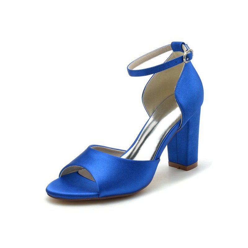 Simple Open Toe Ankle Strap Satin Chunky Heels