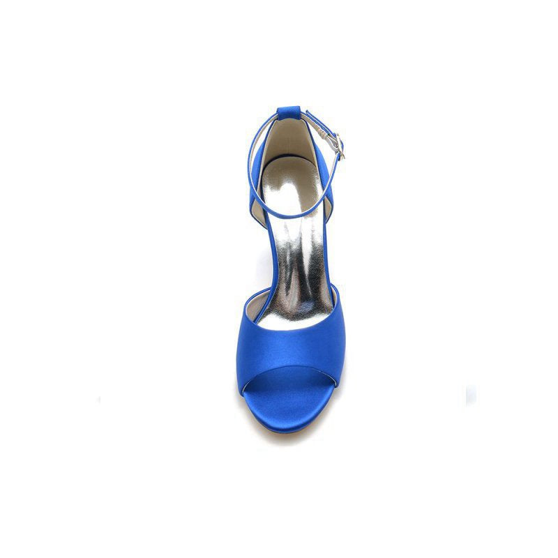 Simple Open Toe Ankle Strap Satin Chunky Heels