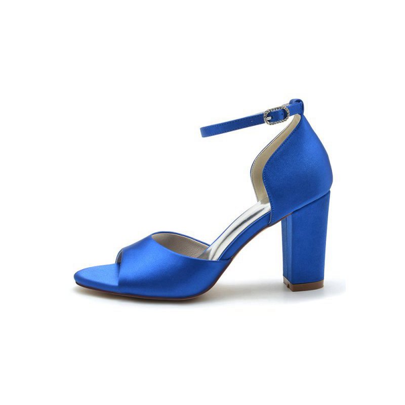 Simple Open Toe Ankle Strap Satin Chunky Heels