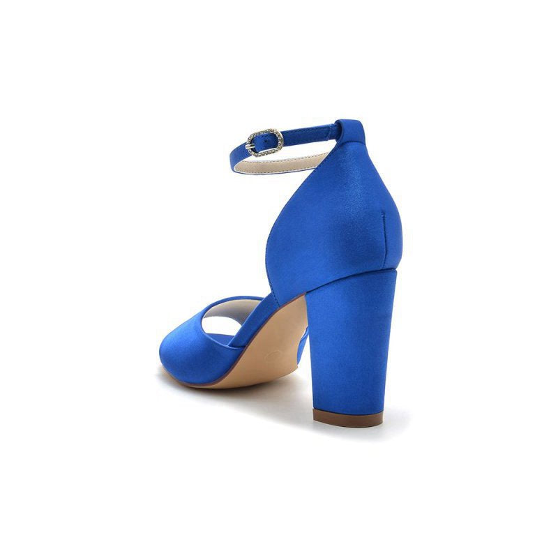 Simple Open Toe Ankle Strap Satin Chunky Heels