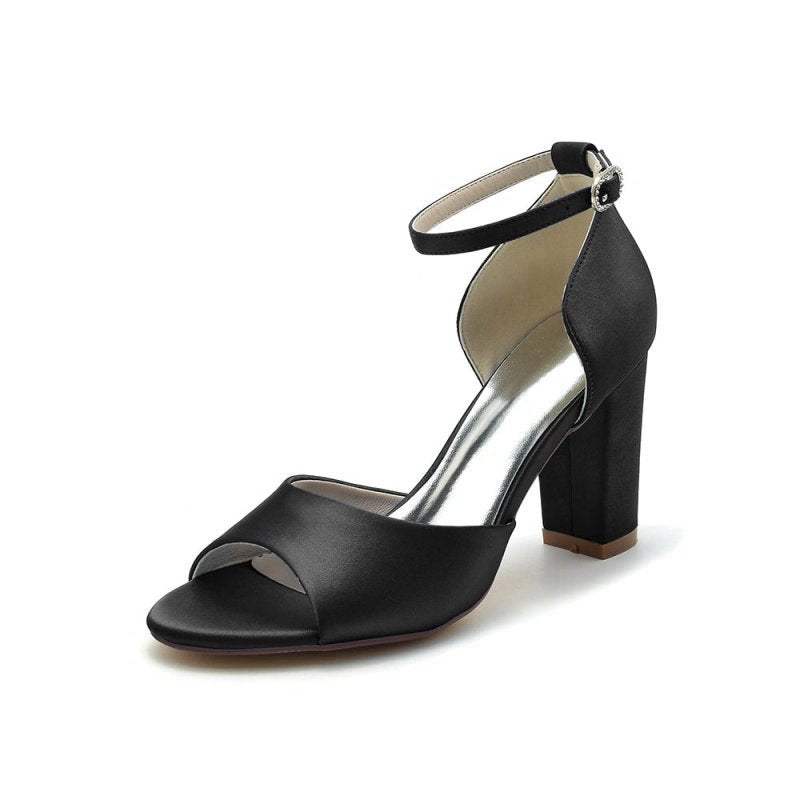 Simple Open Toe Ankle Strap Satin Chunky Heels