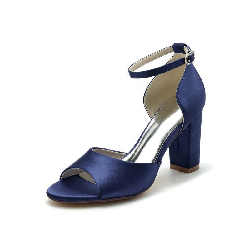 Simple Open Toe Ankle Strap Satin Chunky Heels