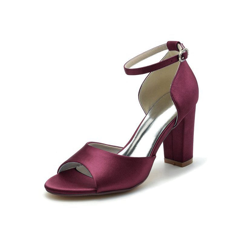 Simple Open Toe Ankle Strap Satin Chunky Heels