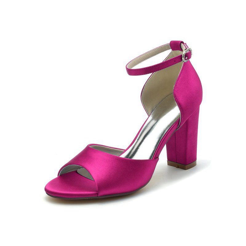 Simple Open Toe Ankle Strap Satin Chunky Heels