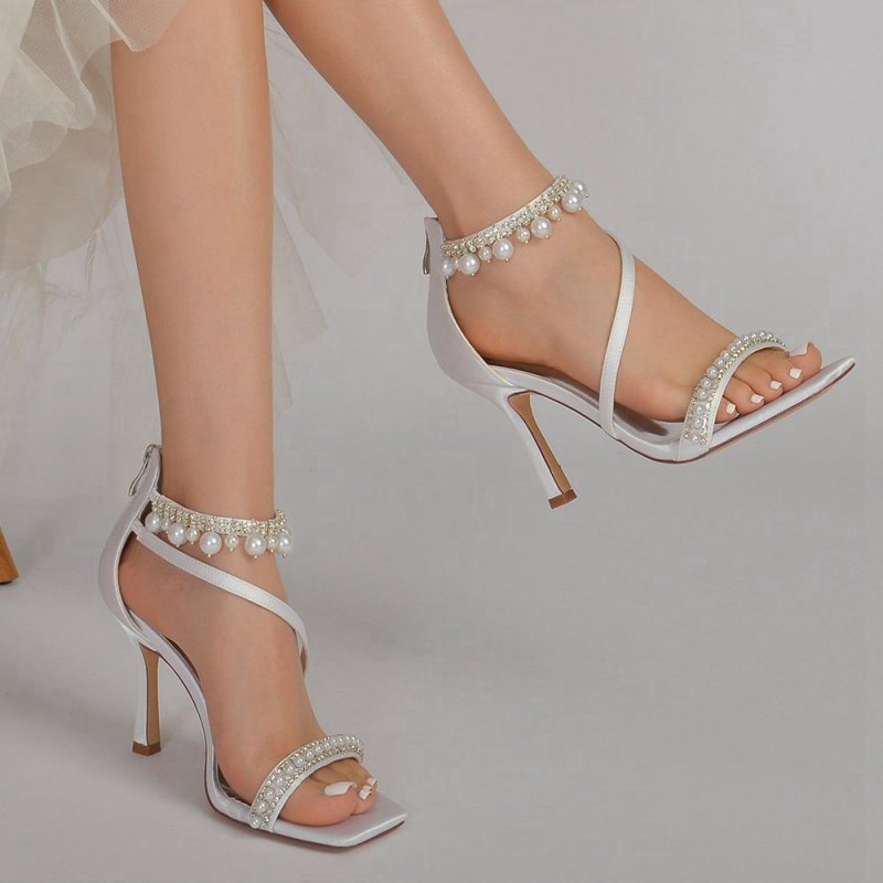 Square Open Toe Pearl Satin Stiletto Heels