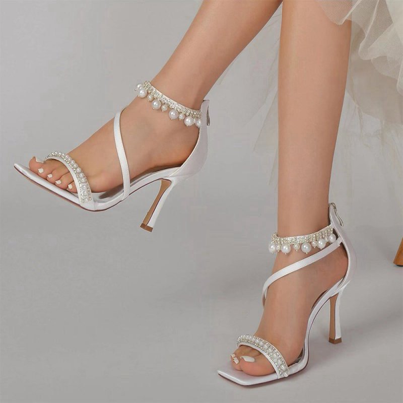 Square Open Toe Pearl Satin Stiletto Heels
